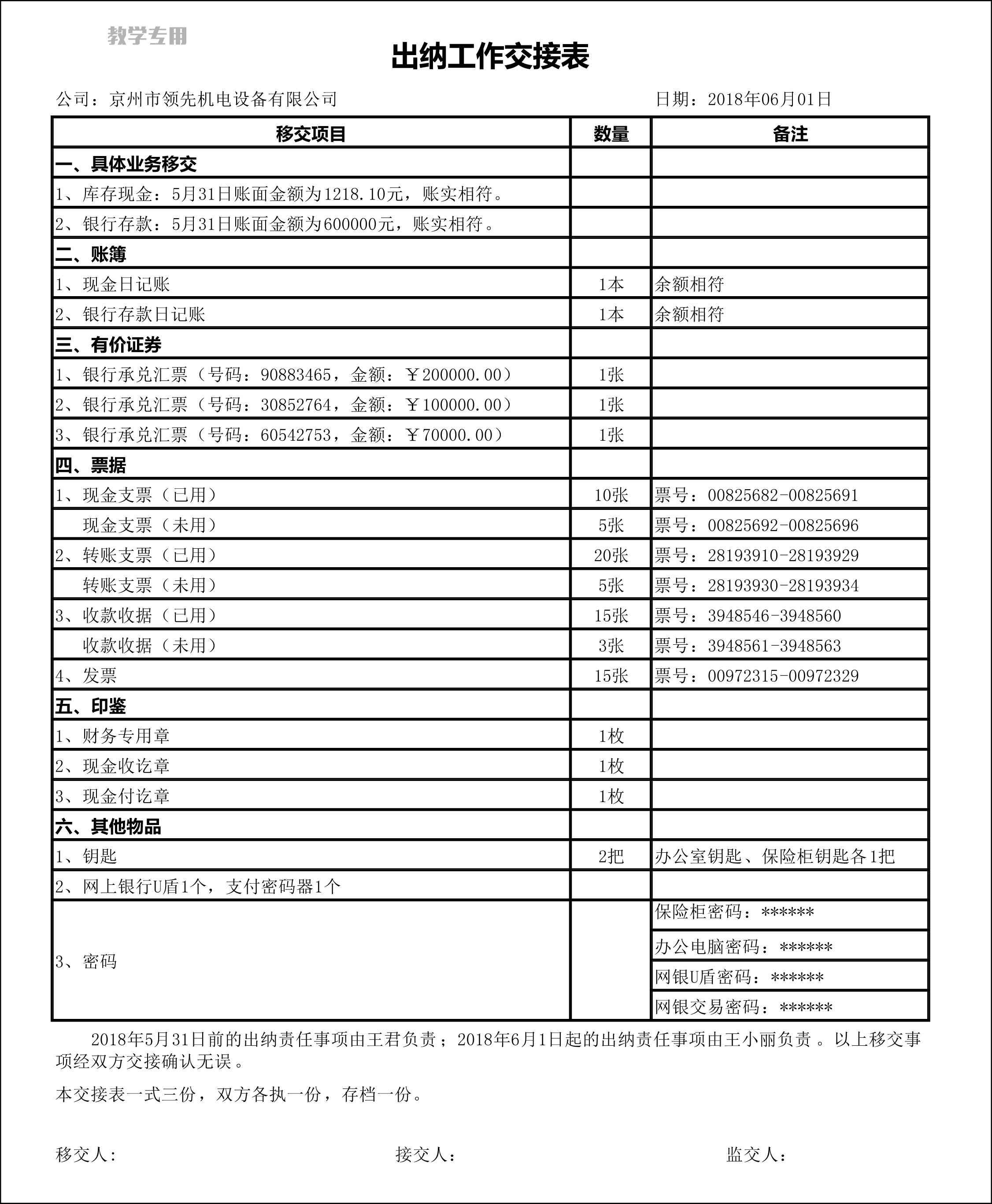 出纳工作交接表